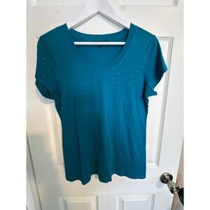 Chaus Sport Womens Teal Blue Rhinestone Studded Scoop Neck Short Sleeve Top M